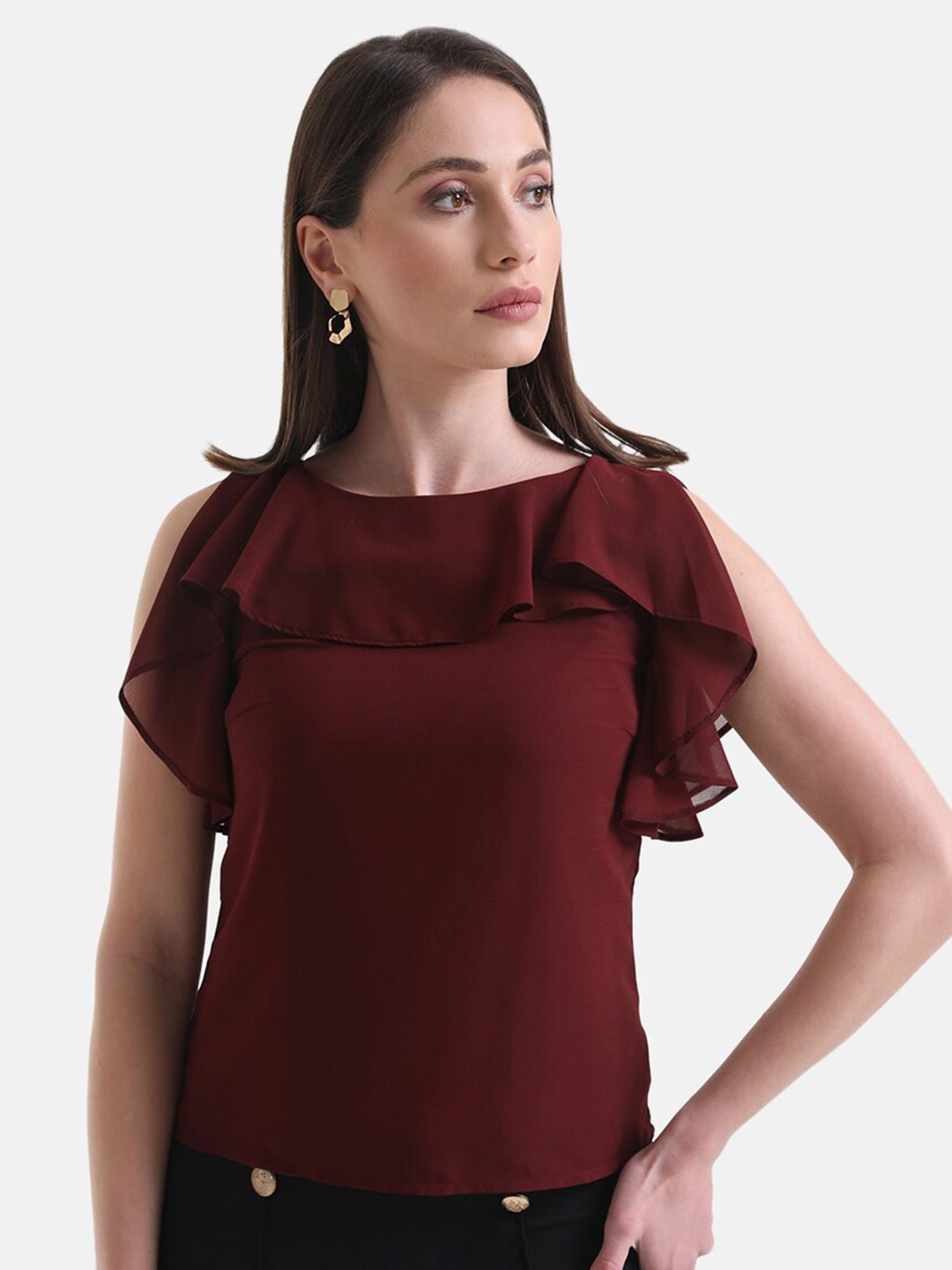 

Kazo Round Neck Regular Ruffle Top, Maroon