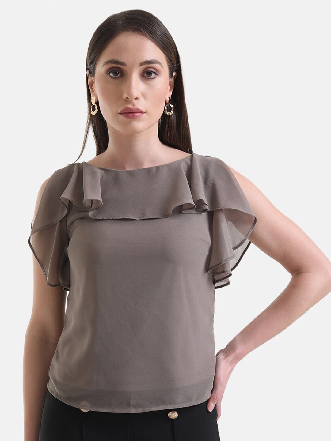 

Kazo Boat Neck Ruffled Top, Taupe