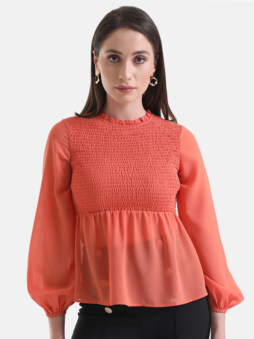 

Kazo Round Neck Regular Smocked Top, Coral