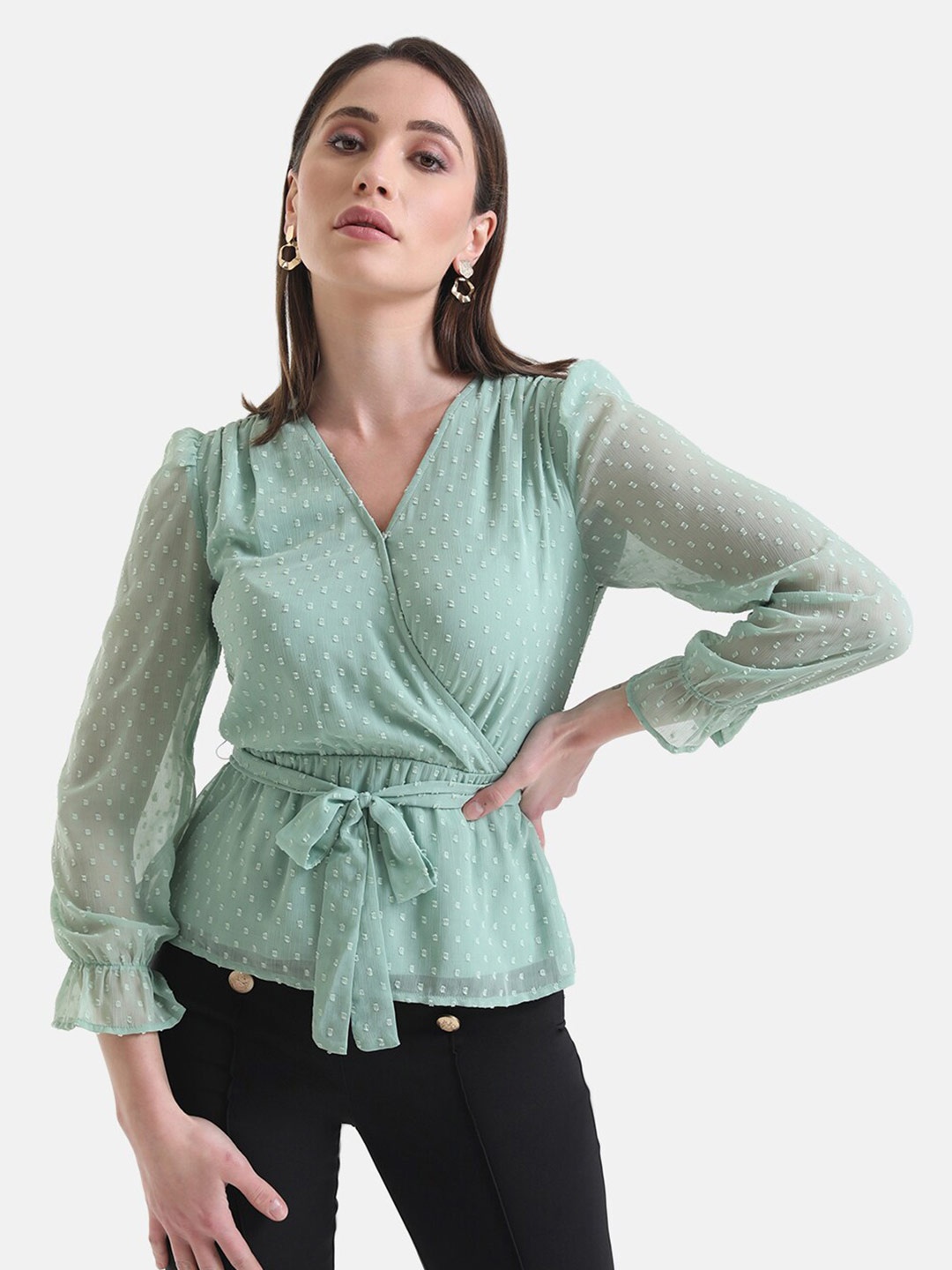 

Kazo V-Neck Blouson Top, Green