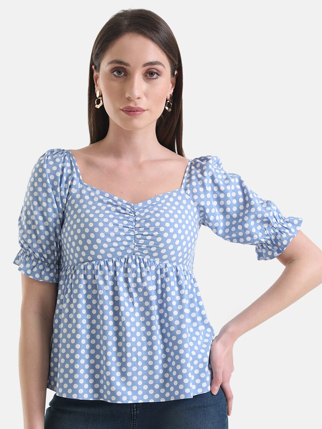 

Kazo Polka Dots Print Sweetheart Neck Top, Blue