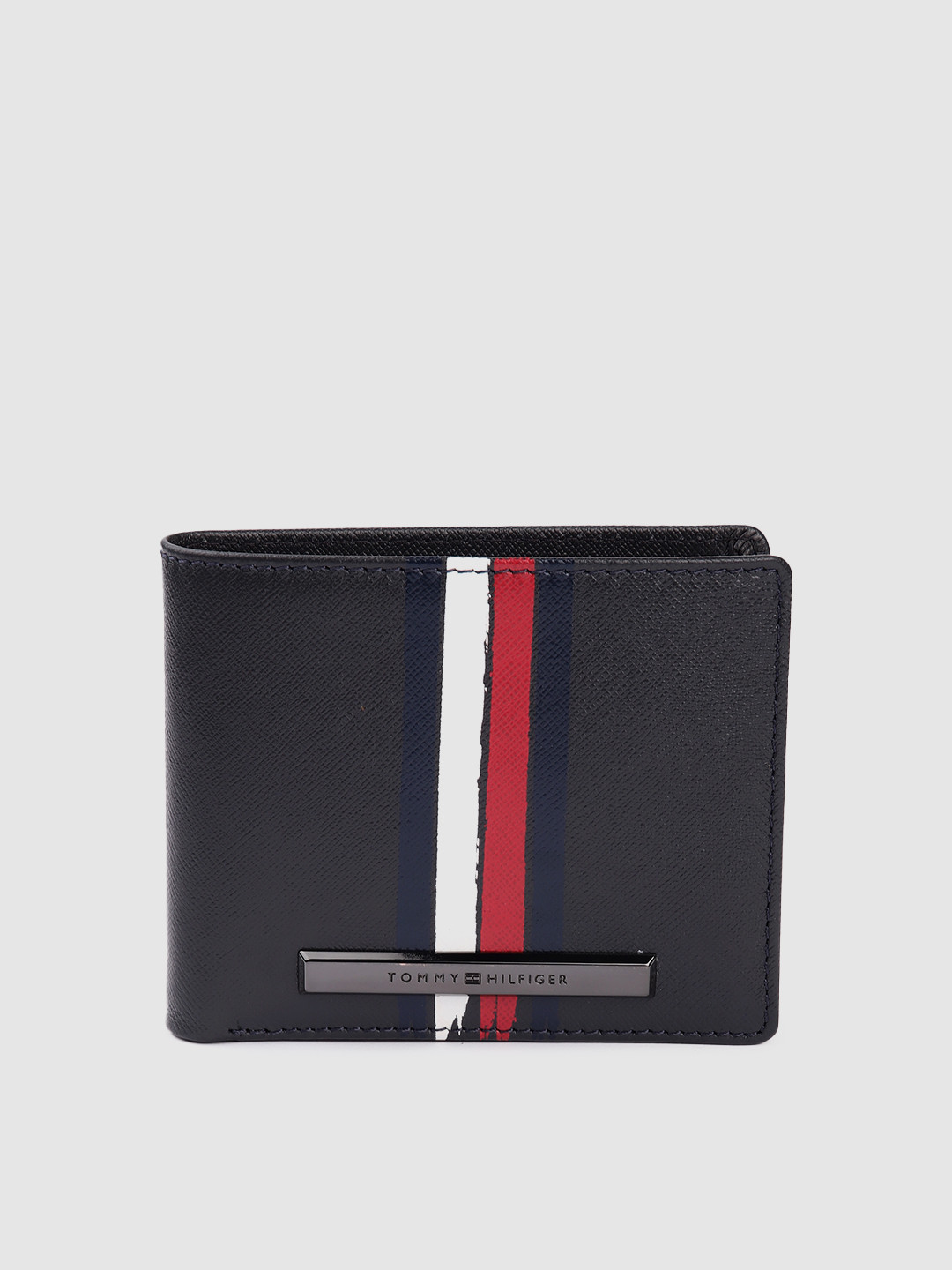 

Tommy Hilfiger Men Navy Blue & Red Striped Leather Two Fold Wallet