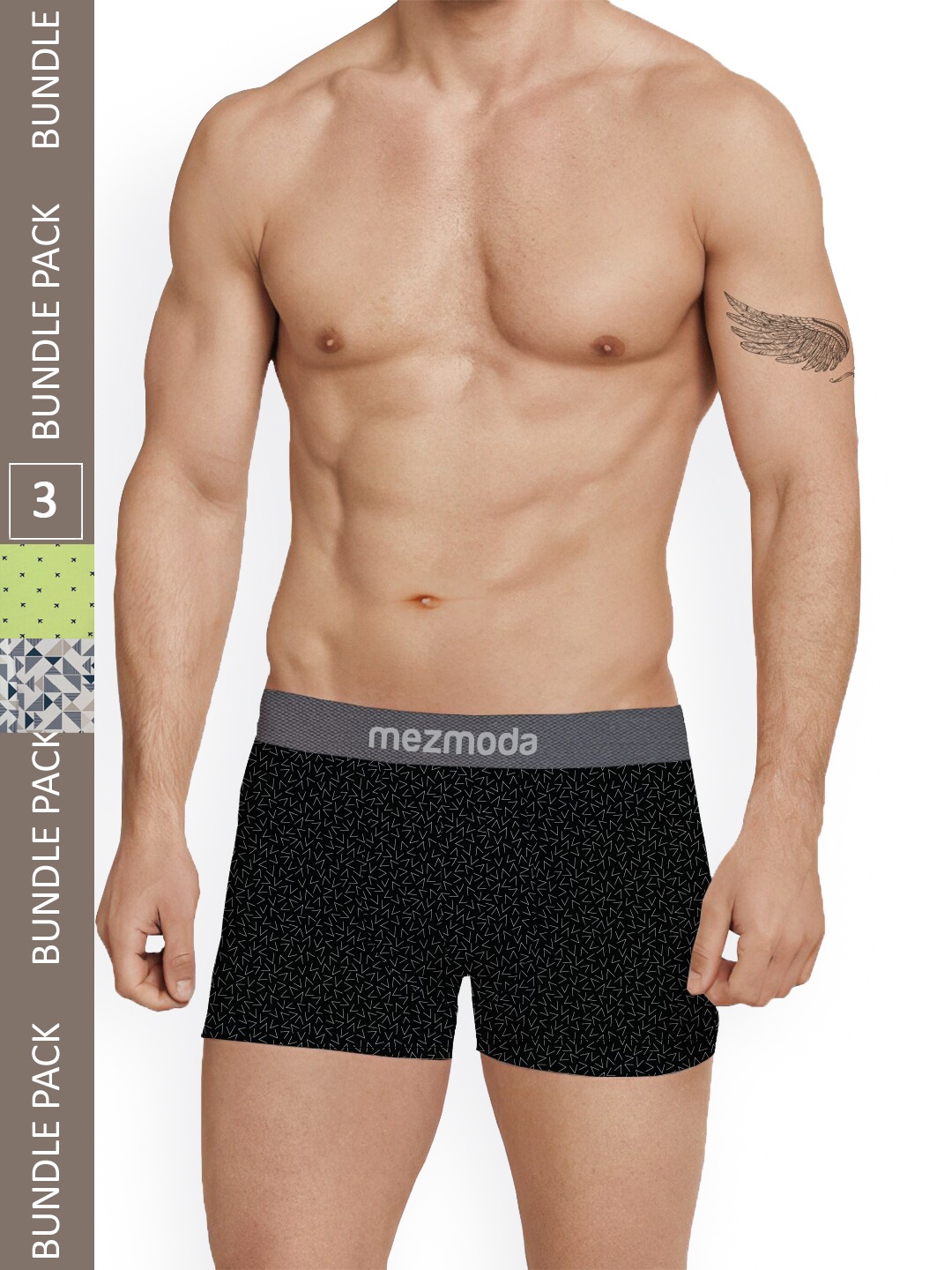 

mezmoda Men Pack of 3 Ultra Soft Breathable Printed Trunks MZMBX3-106-S-MULTI, Black