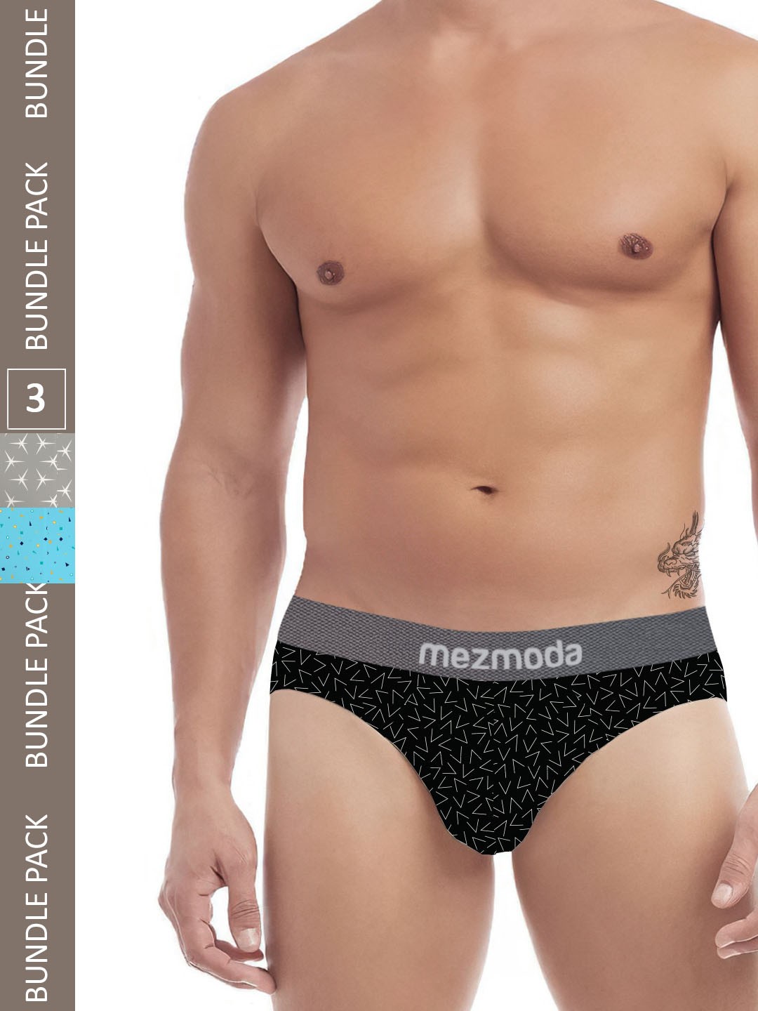 

mezmoda Men Pack Of 3 Printed Anti Microbial Ultra Soft Breathable Hipster Briefs, Black