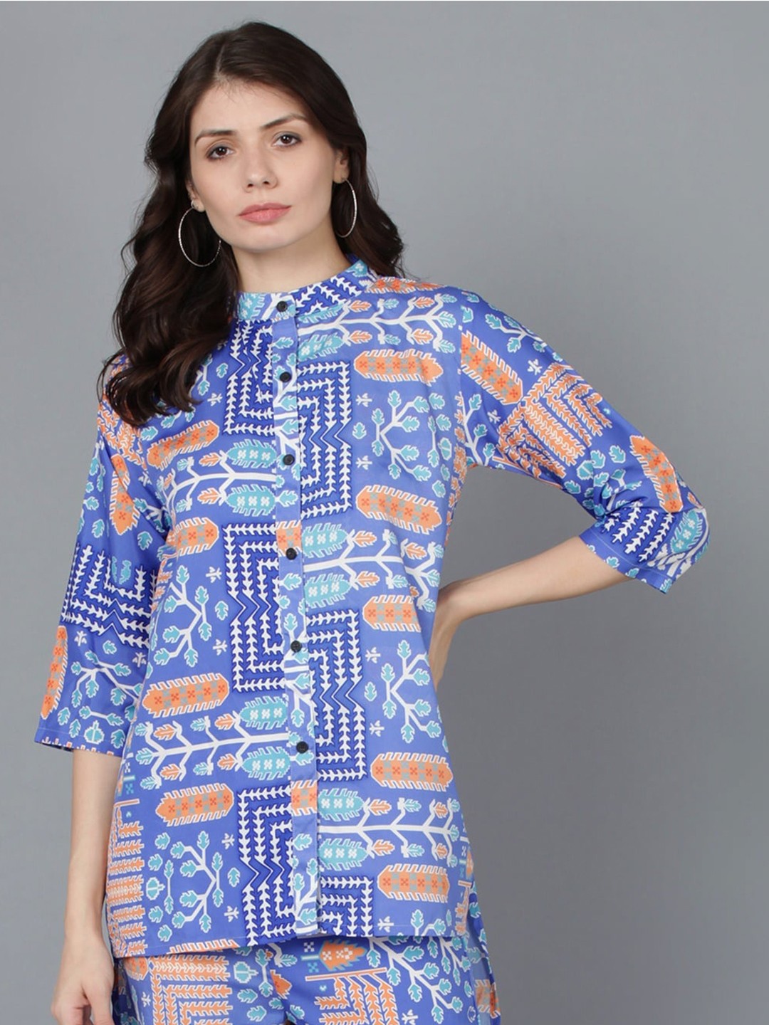 

Fashfun Geometric Printed Mandarin Collar Shirt Style Top, Blue