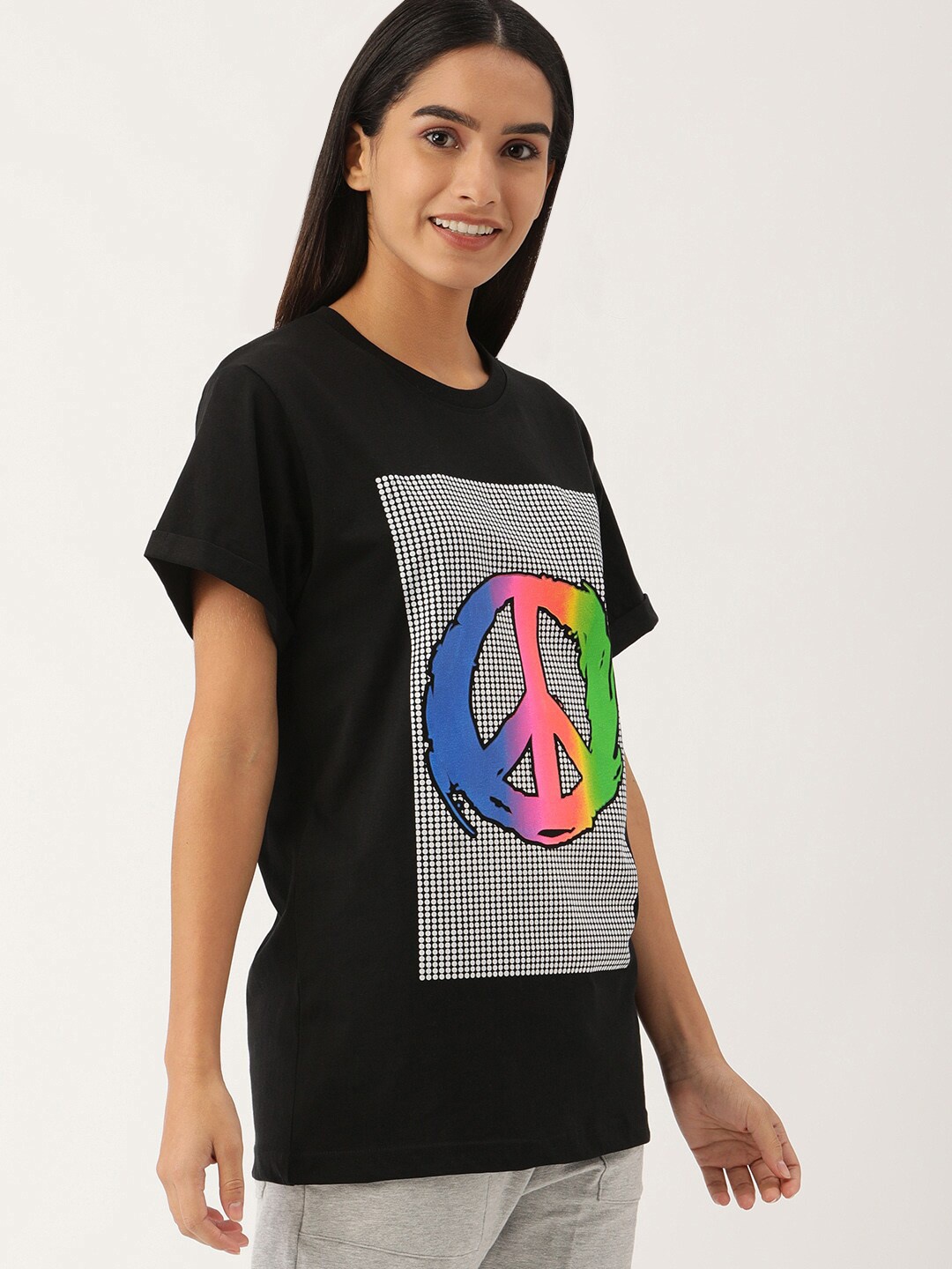 

Kryptic Women Printed Round Neck Pure Cotton T-shirt, Black
