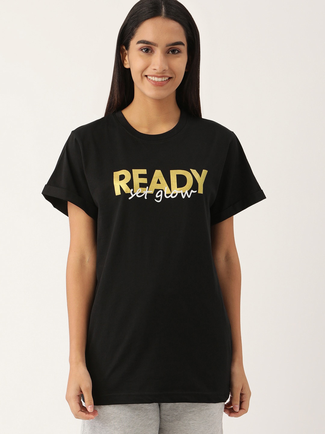 

Kryptic Women Pure Cotton Typography Printed Oversize T-shirt, Black