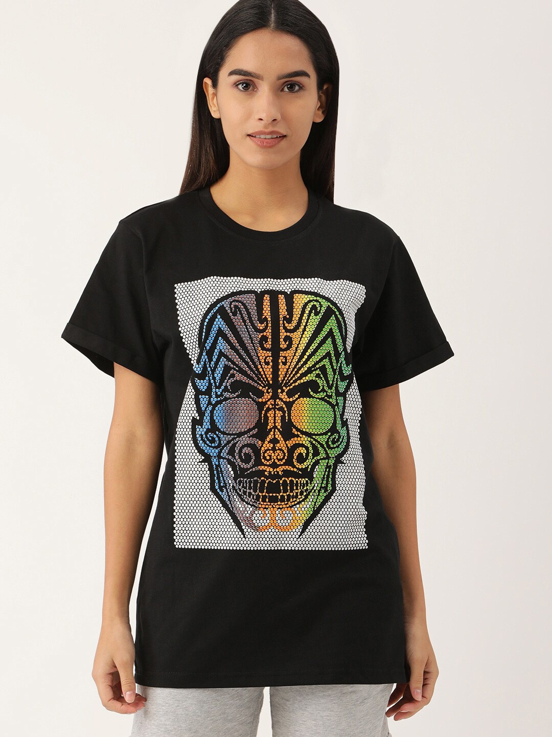 

Kryptic Women Graphic Printed Oversize Fit Cotton T-shirt, Black