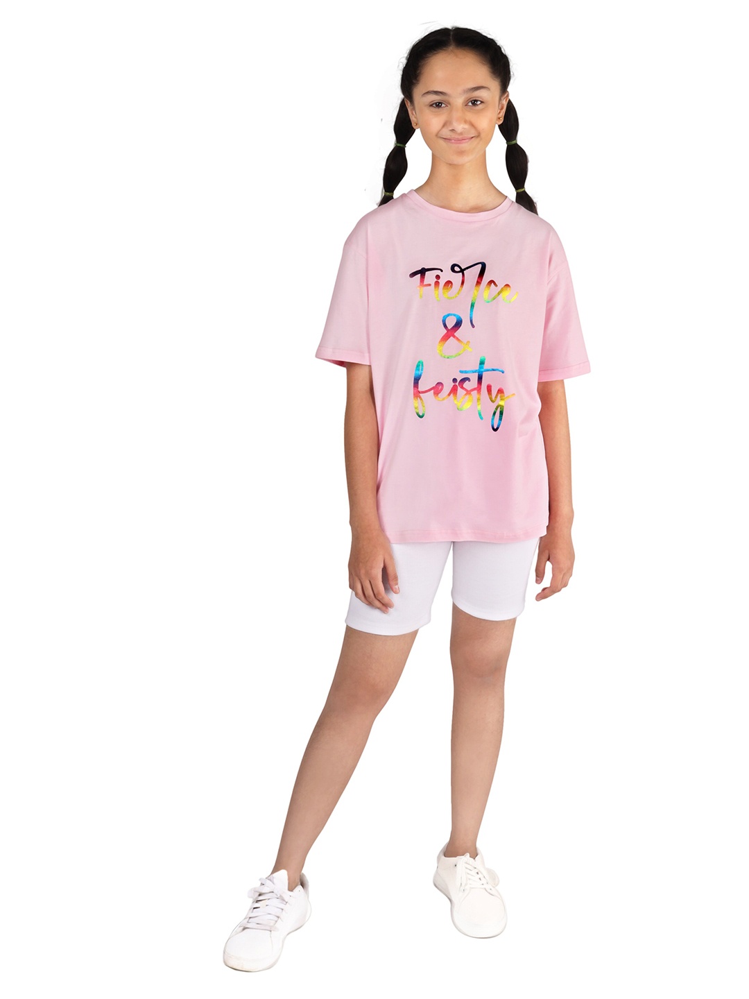 

DChica Girls Printed Cotton T-shirt with Shorts, Pink