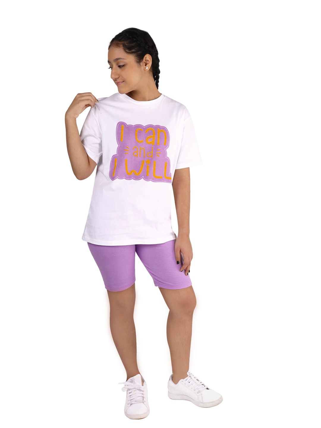 

DChica Girls Printed Cotton T-shirt with Shorts, Purple