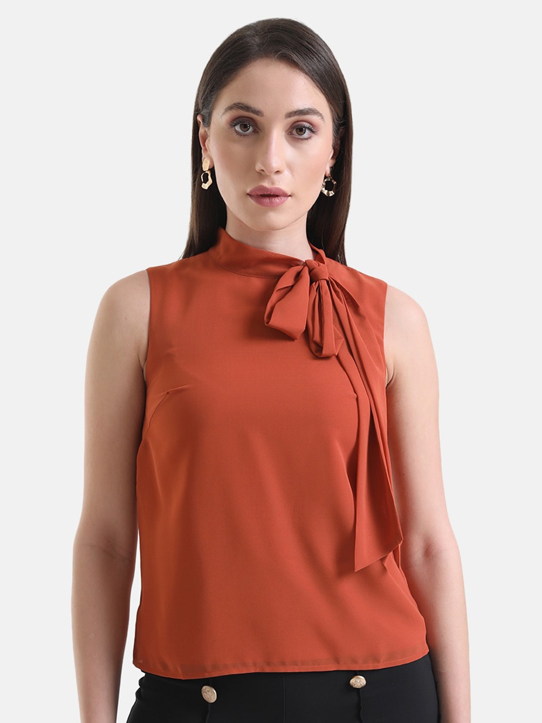 

Kazo Tie-Up Neck Sleeveless Top, Brown