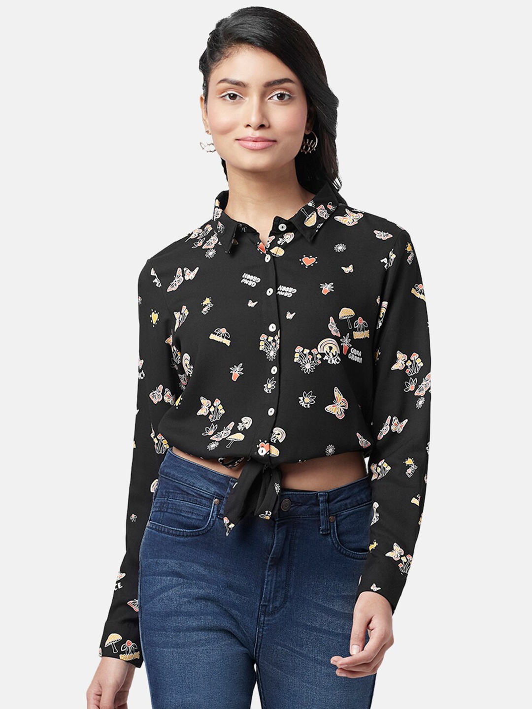 

People Women Printed Tie-Up Detail Casual Shirt, Black