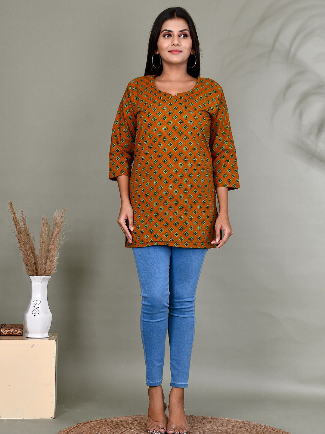 

Kesarya Mustard Yellow Ethnic Motifs Printed Pure Cotton Handloom Kurti