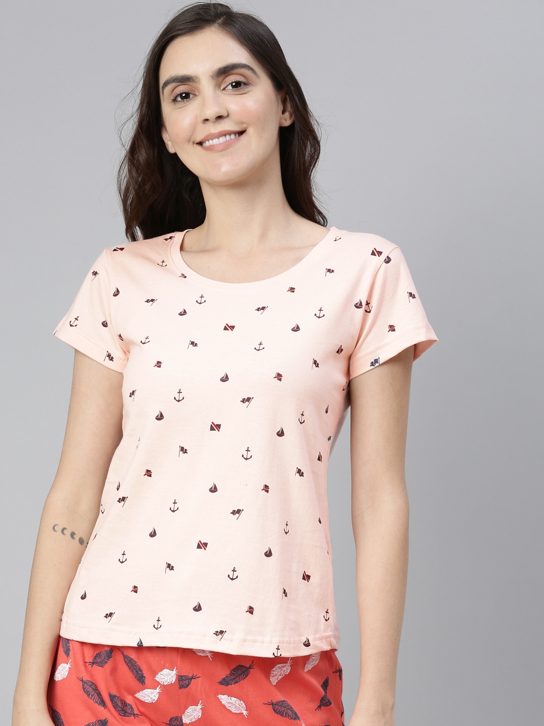 

Kryptic Round Neck Conversational Printed Cotton T-shirt, Peach