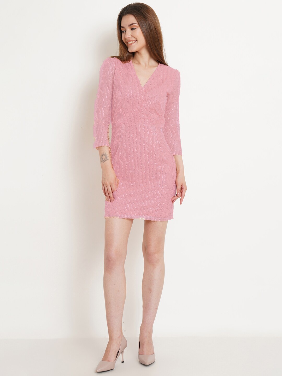

Purple State Sequined Embellished Sheath Dress, Pink