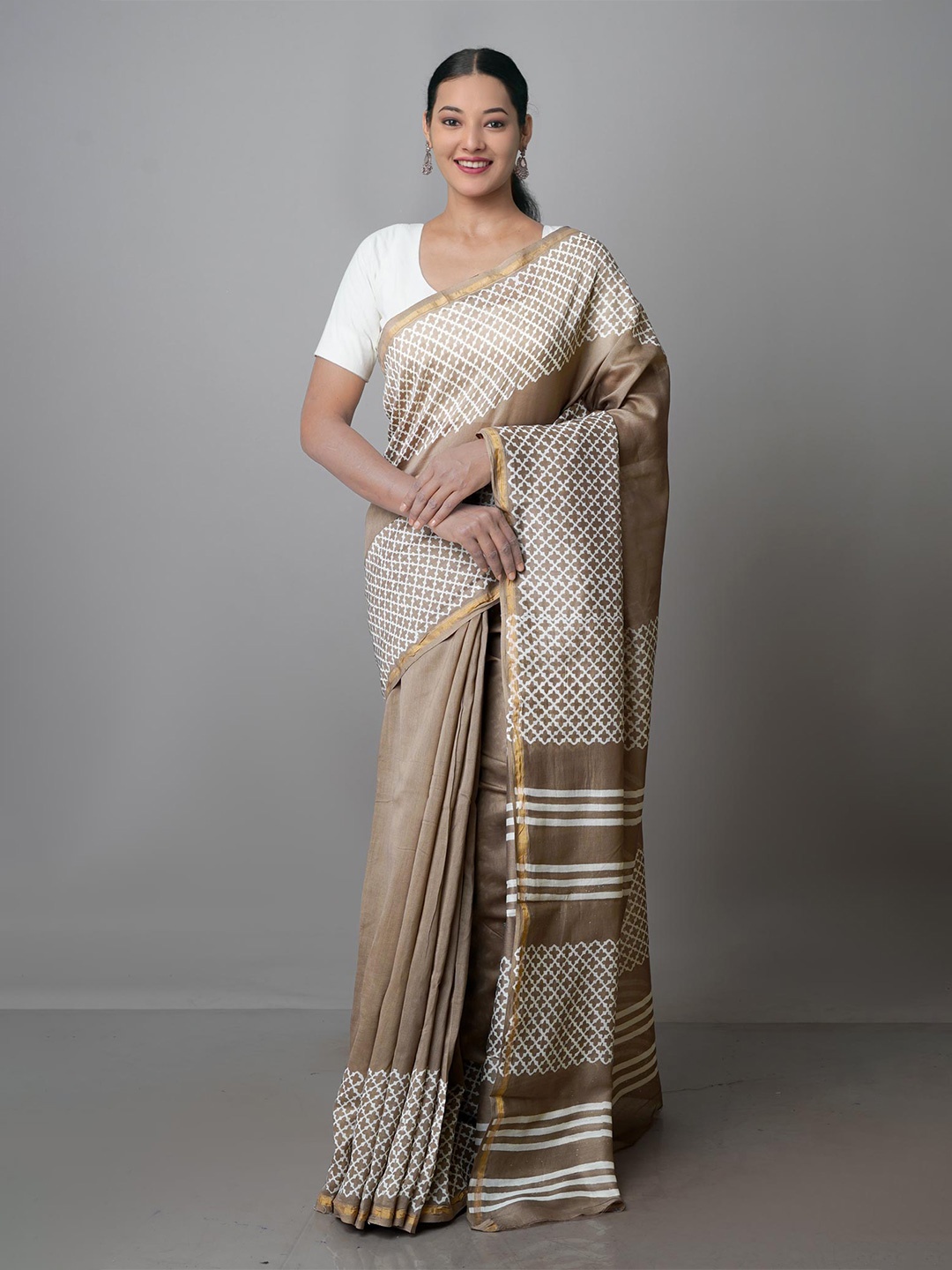 

Unnati Silks Zari Silk Cotton Chanderi Saree, Brown