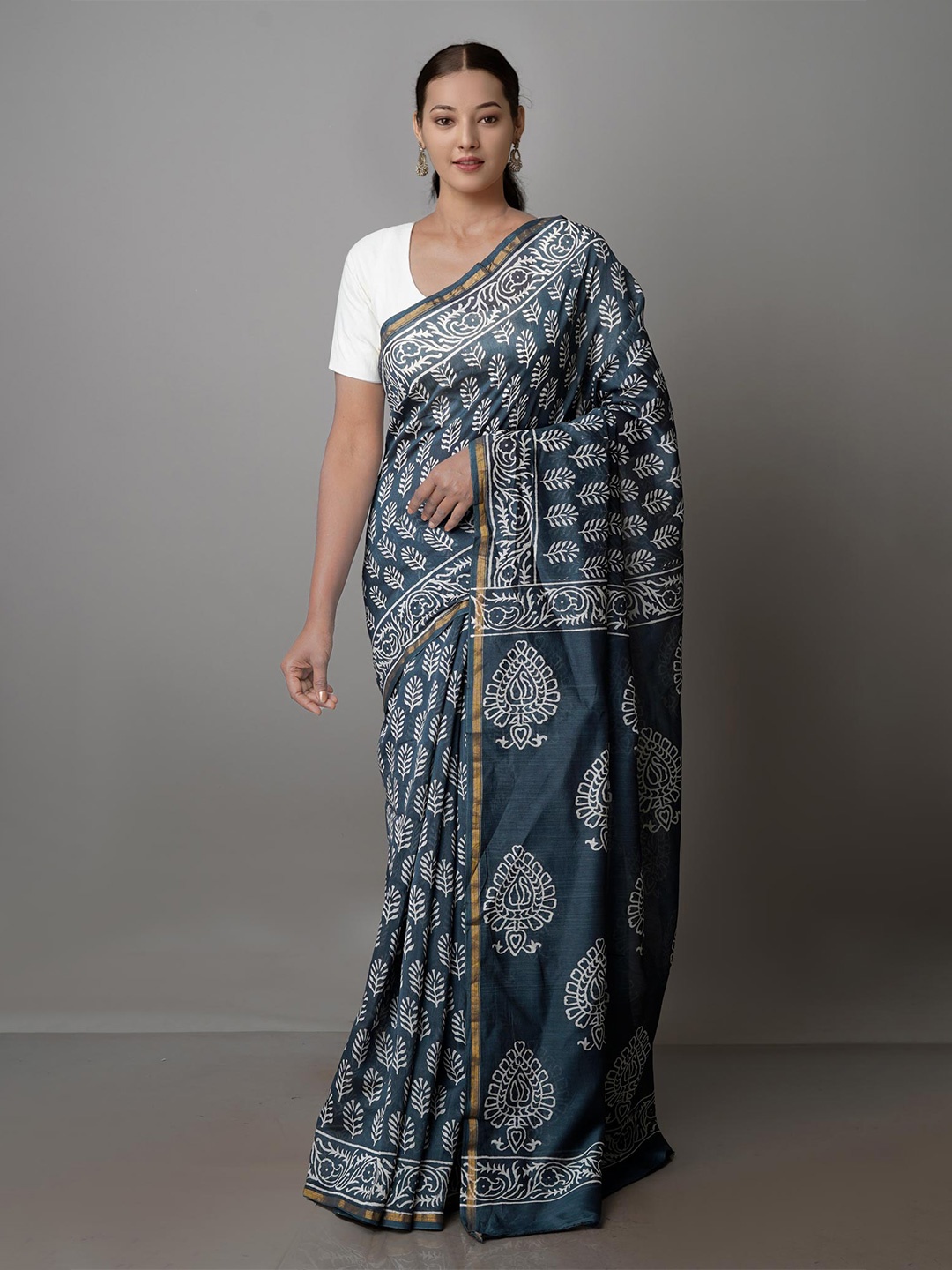 

Unnati Silks Ethnic Motifs Zari Silk Cotton Chanderi Saree, Blue