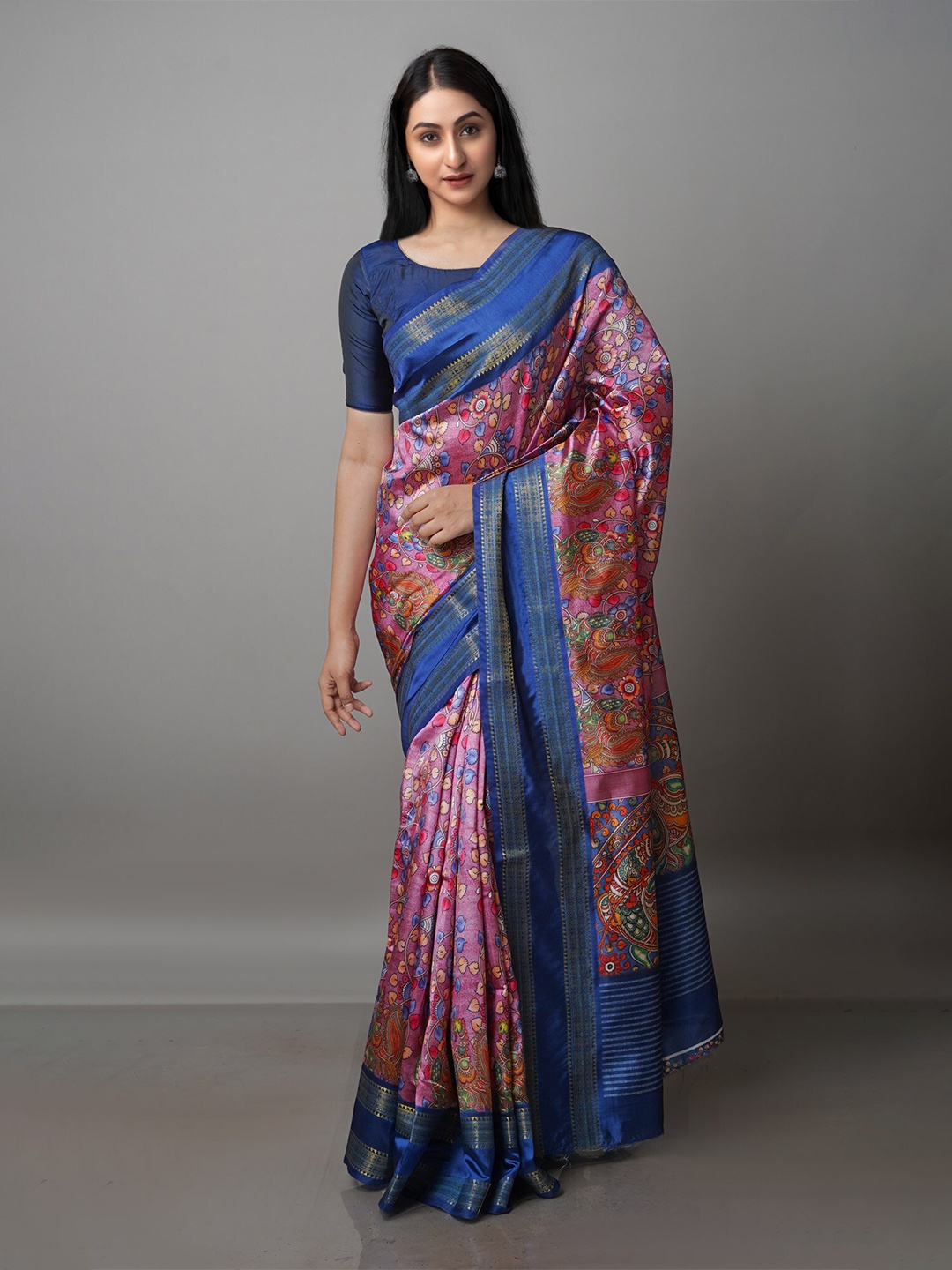 

Unnati Silks Kalamkari Zari Silk Blend Block Print Saree, Peach