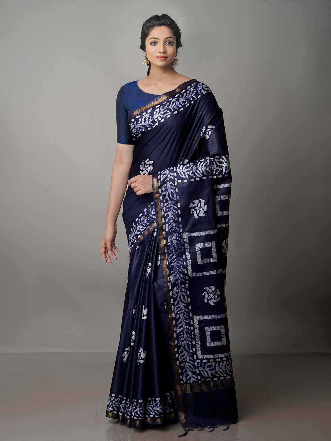 

Unnati Silks Batik Zari Pure Silk Chanderi Saree, Navy blue
