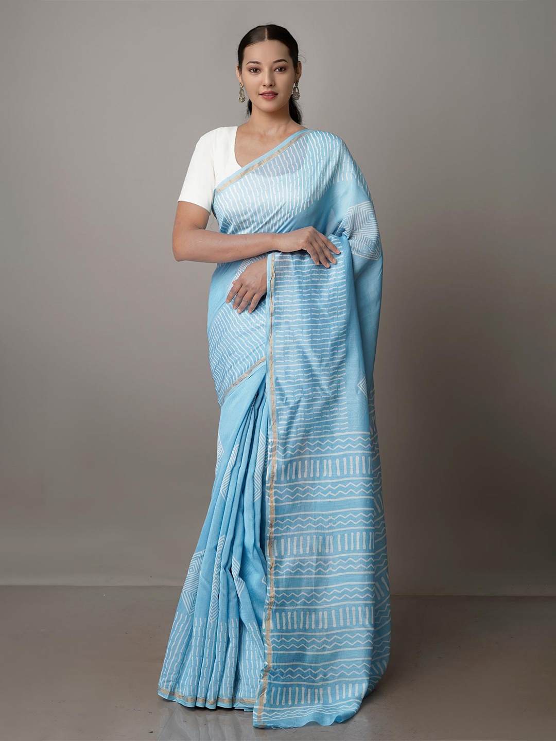 

Unnati Silks Zari Block Printed Chanderi Saree, Blue