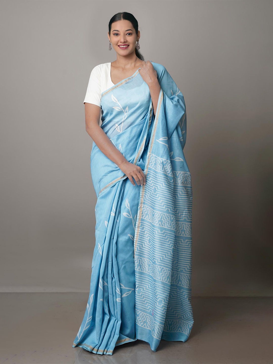 

Unnati Silks Block Printed Zari Chanderi Saree, Blue