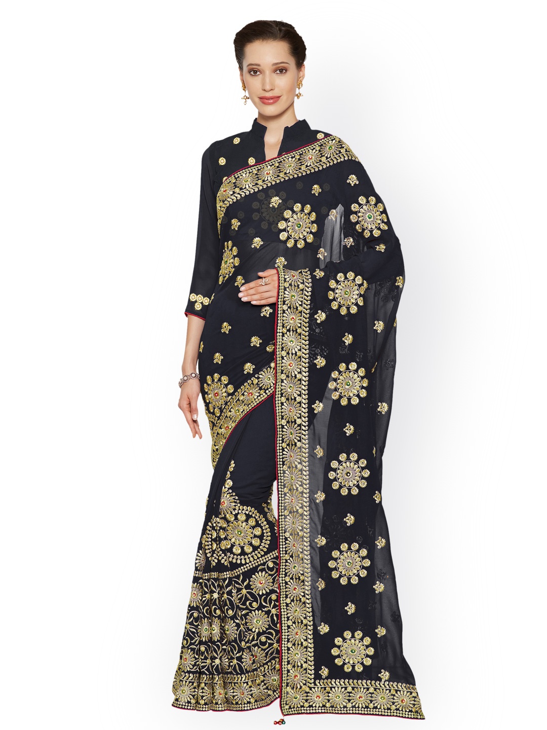 

Mirchi Fashion Navy Blue Embroidered Poly Georgette Saree
