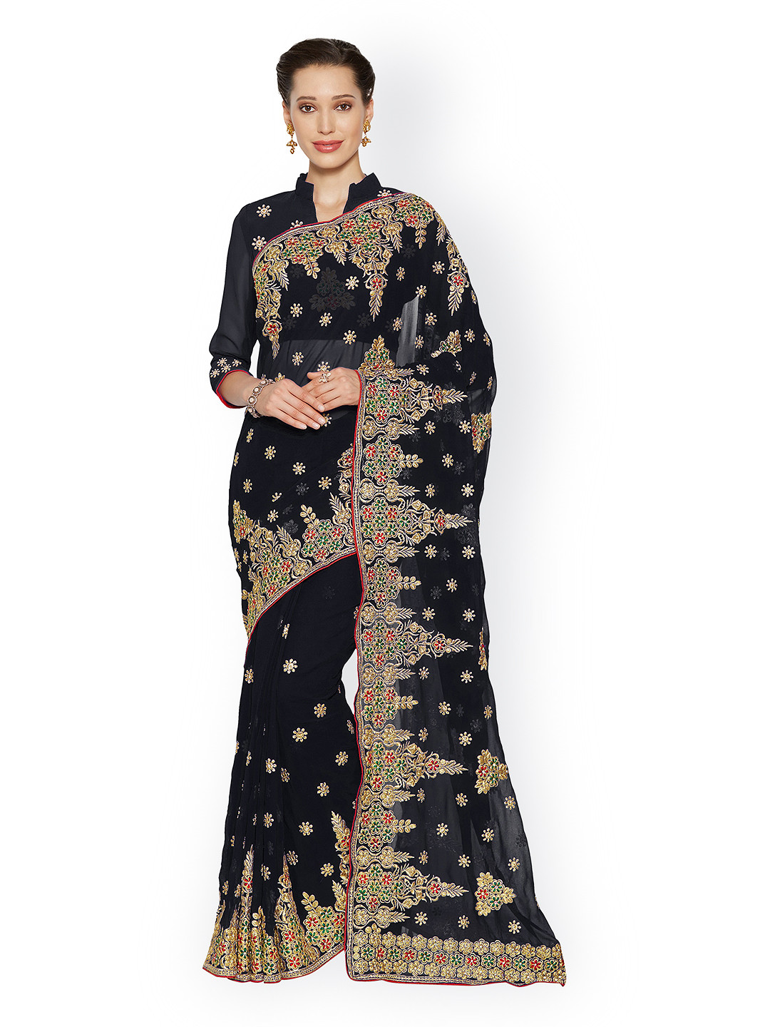 

Mirchi Fashion Black Embroidered Poly Georgette Saree