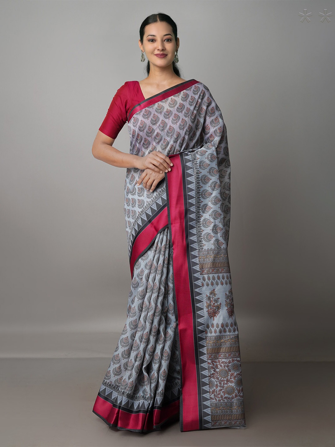 

Unnati Silks Ethnic Motifs Silk Cotton Chanderi Saree, Grey