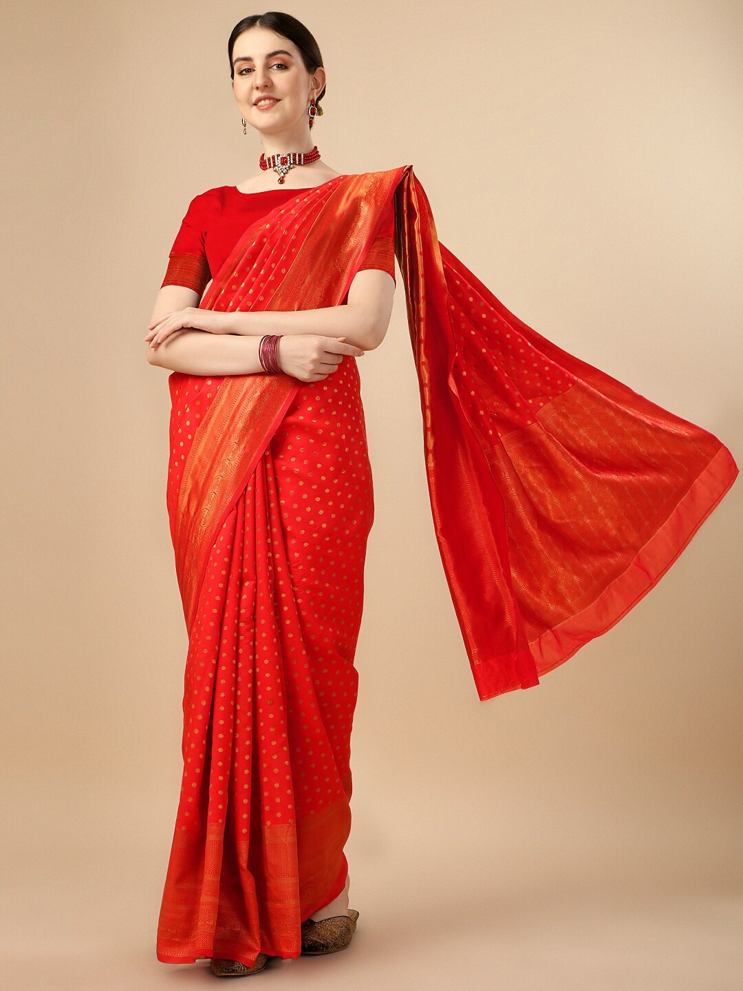 

Naishu Trendz Woven Design Zari Pure Silk Kanjeevaram Saree, Red