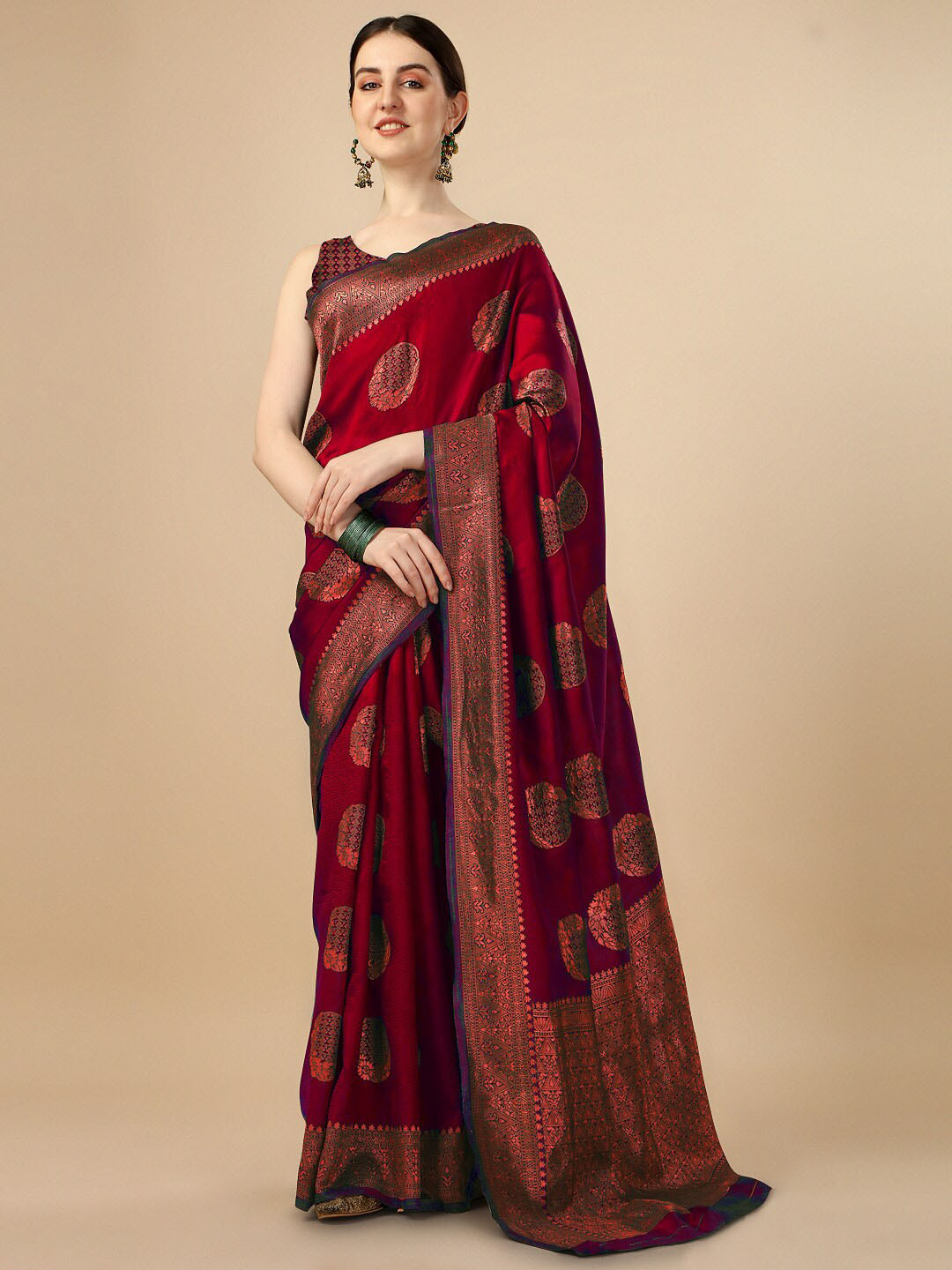 

Naishu Trendz Ethnic Motifs Zari Pure Silk Kanjeevaram Saree, Red