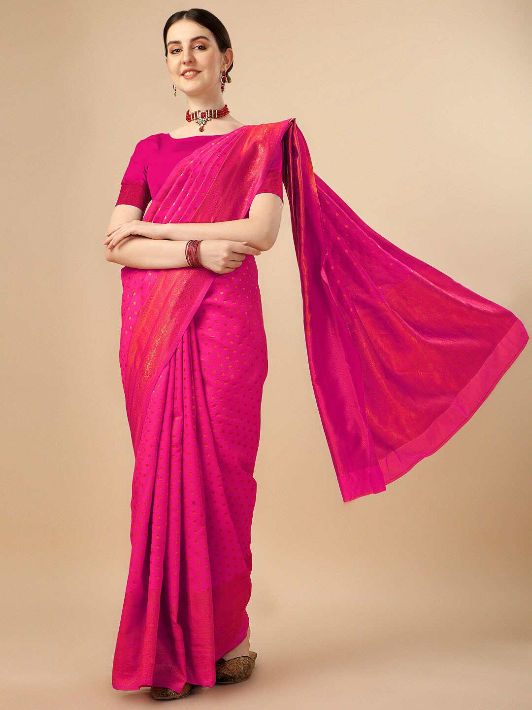 

Naishu Trendz Woven Design Zari Pure Silk Kanjeevaram Saree, Pink