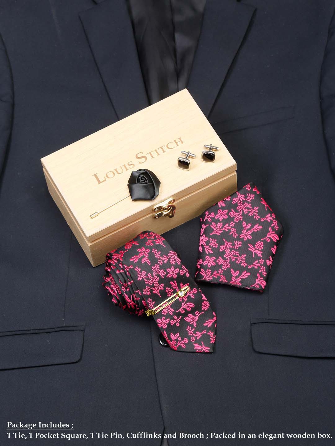 

LOUIS STITCH Men Italian Silk Necktie Accessory Gift Set, Pink