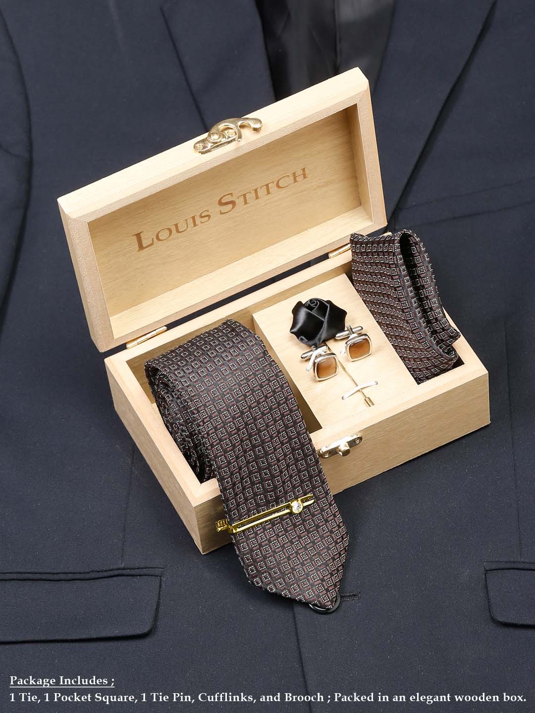 

LOUIS STITCH Men Self Design Italian Silk Necktie Accessory Gift Set, Brown