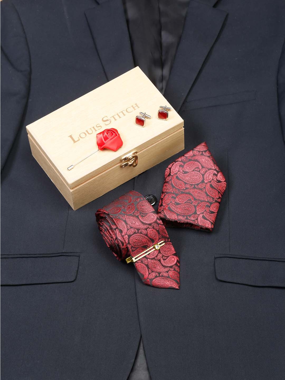

LOUIS STITCH Men Wine Red Italian Silk Necktie Accessory Gift Set