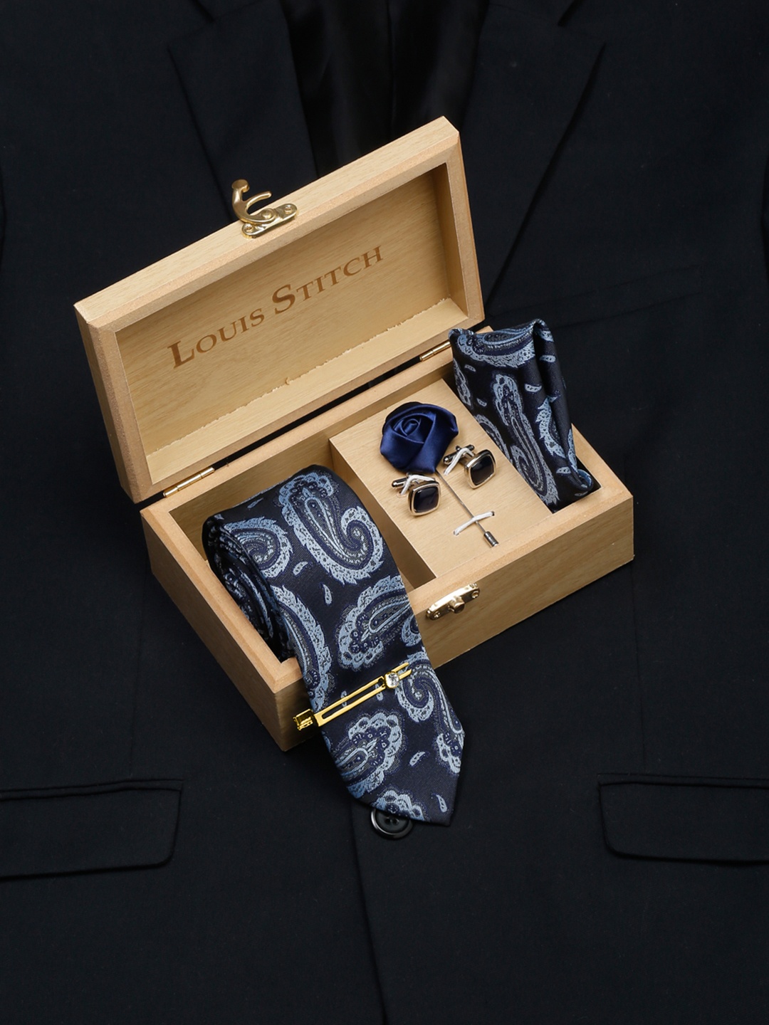 LOUIS STITCH Men's Royal Blue Italian Silk Necktie Accessory Gift Set, Navy blue