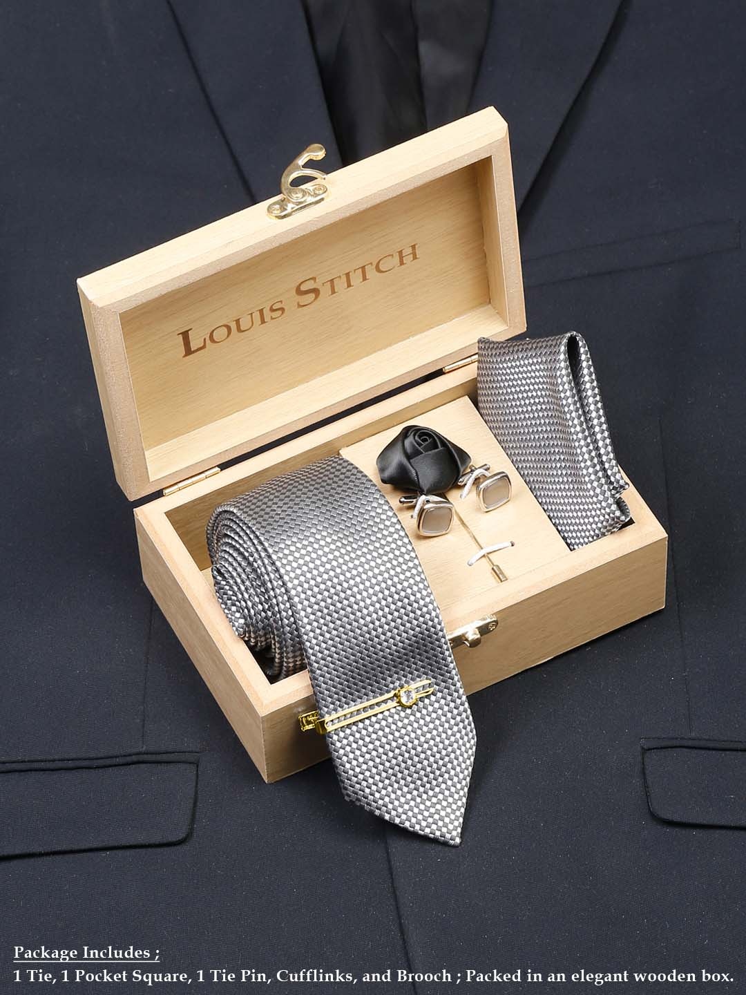 

LOUIS STITCH Men Checkered Black Italian Silk Necktie Accessory Gift Set