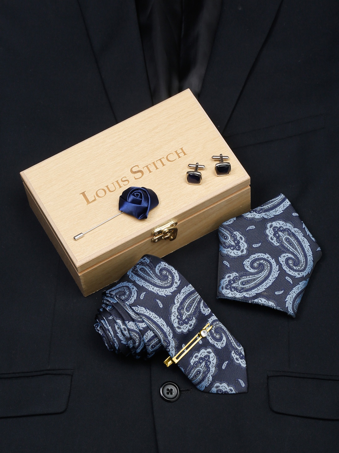 

LOUIS STITCH Men Turquoise Blue Italian Silk Necktie Accessory Gift Set
