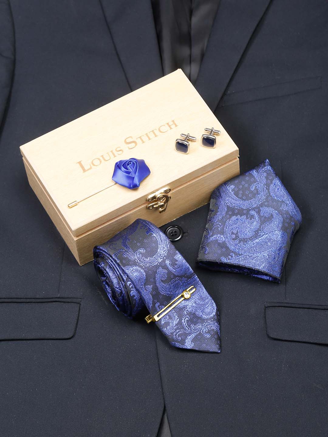 

LOUIS STITCH Men Royal Blue Italian Silk Necktie Accessory Gift Set