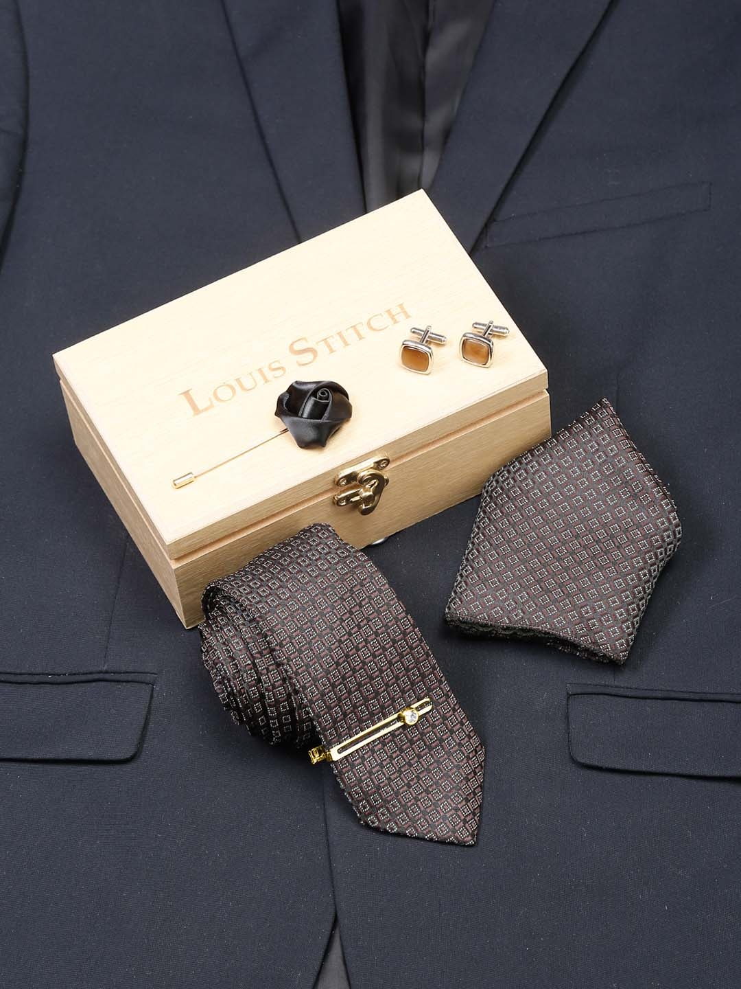 

LOUIS STITCH Men Italian Silk Accessory Gift Set, Brown