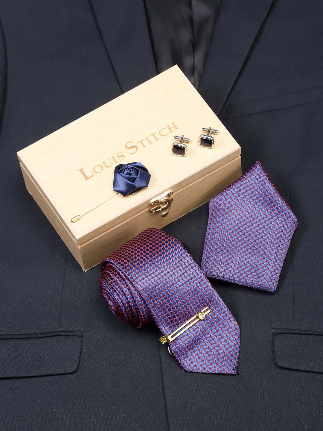 

LOUIS STITCH Men Dark Purple Italian Silk Necktie Accessory Gift Set