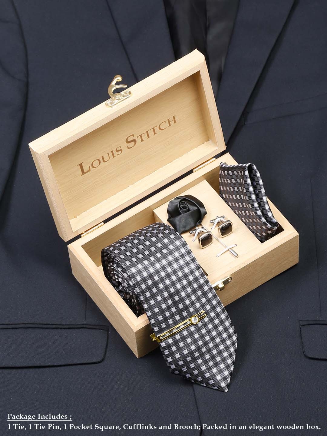 LOUIS STITCH Men Checked Black Italian Silk Necktie Accessory Gift Set, Grey