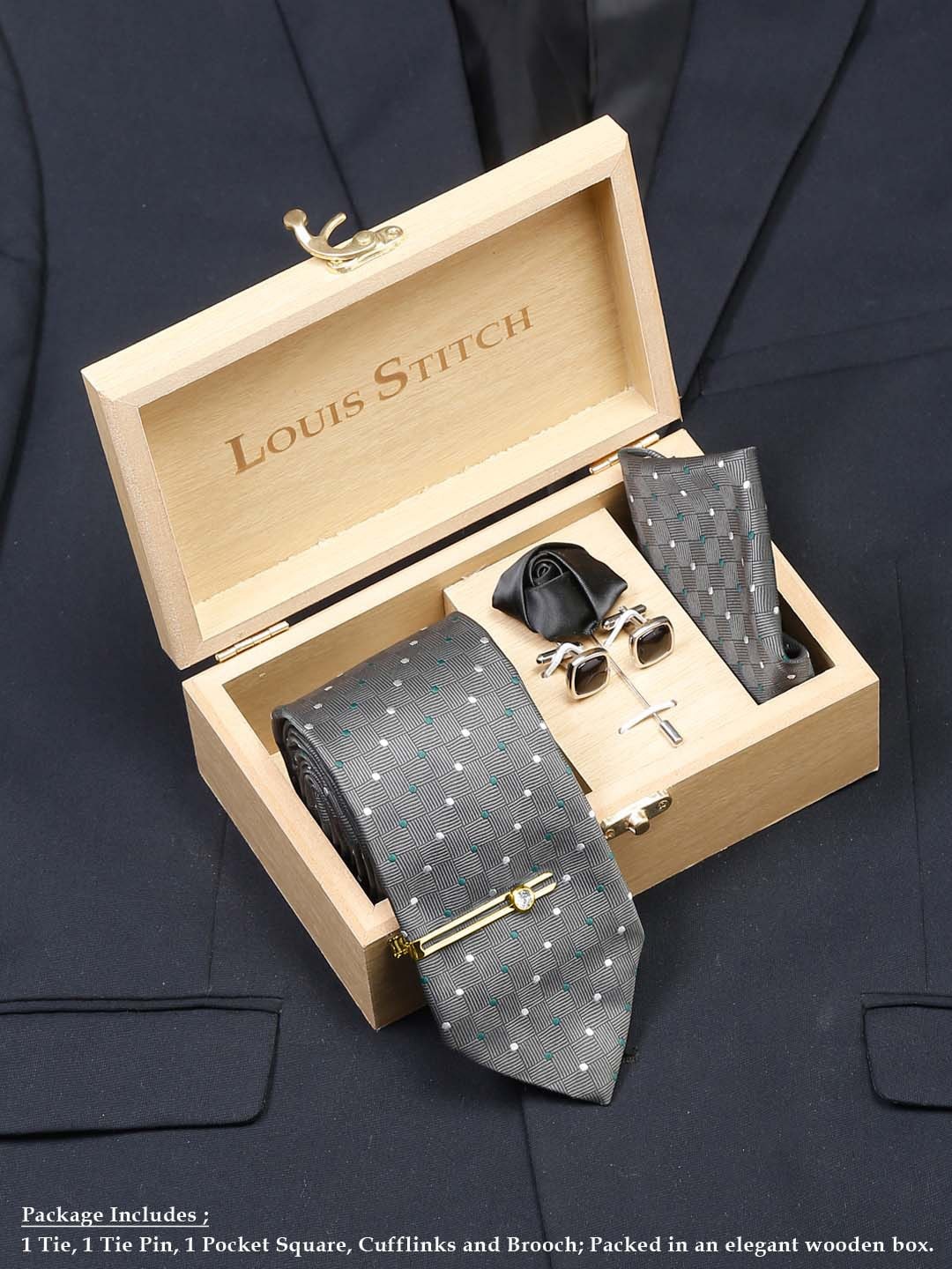 

LOUIS STITCH Men Grey polka Italian Silk Necktie Accessory Gift Set
