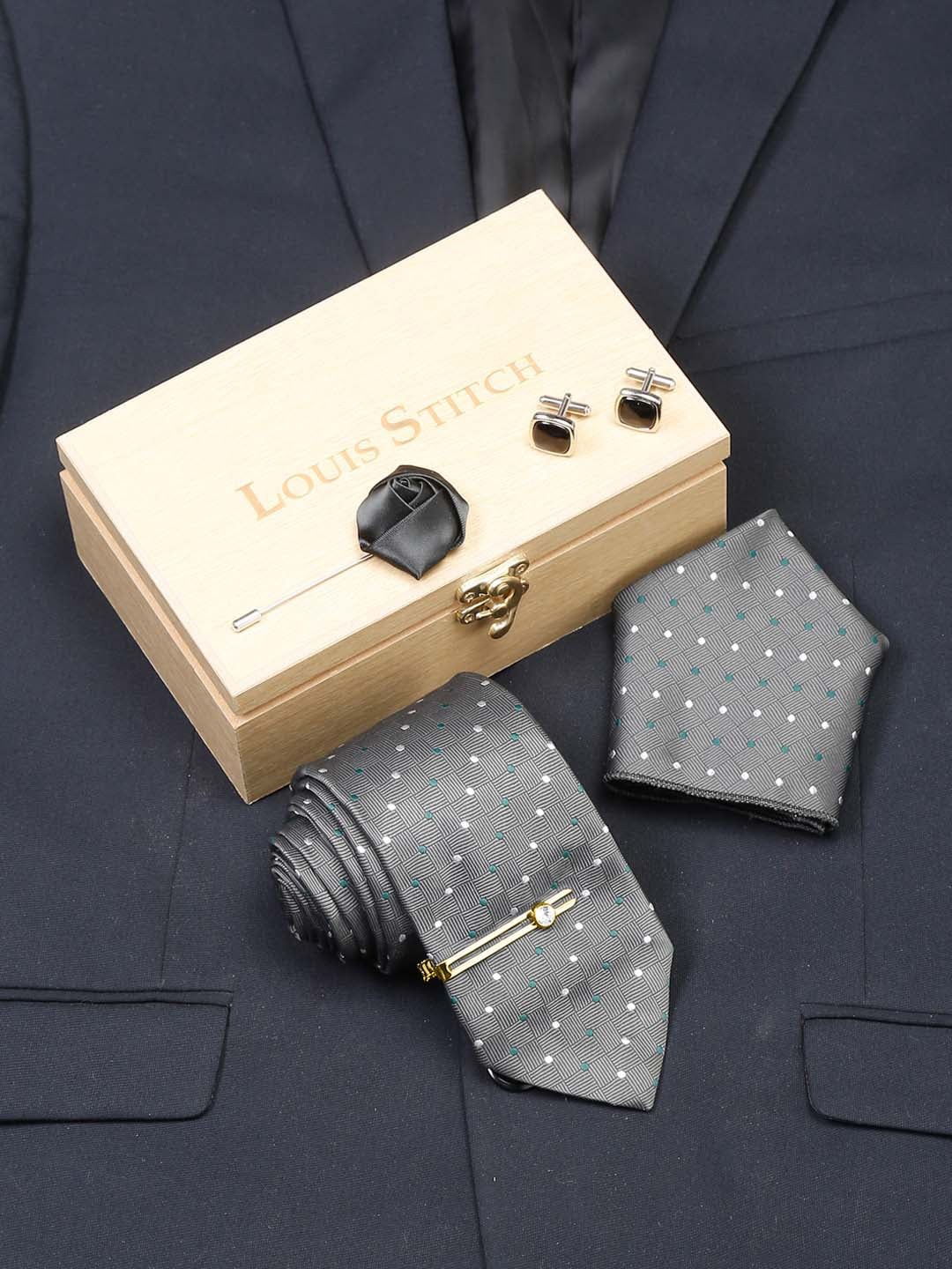 

LOUIS STITCH Men Italian Silk Necktie Accessory Gift Set, Grey