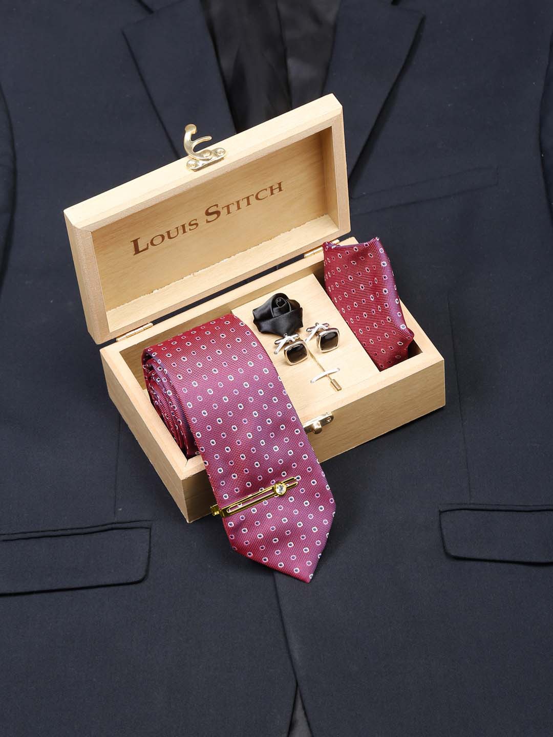 

LOUIS STITCH Men Rasin Purple Italian Silk Necktie Accessory Gift Set