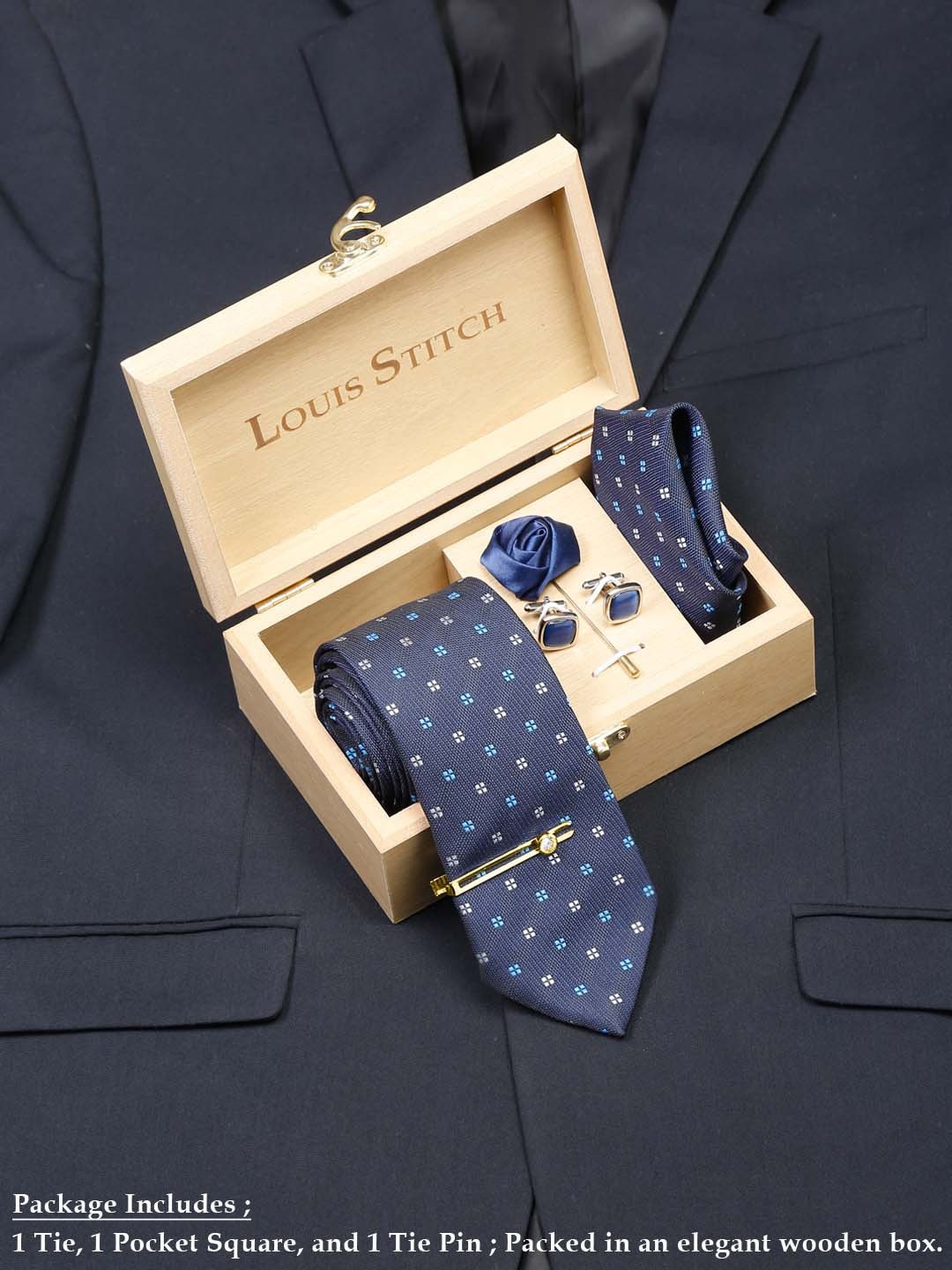 

LOUIS STITCH Men Floral Printed Blue Italian Silk Necktie Accessory Gift Set