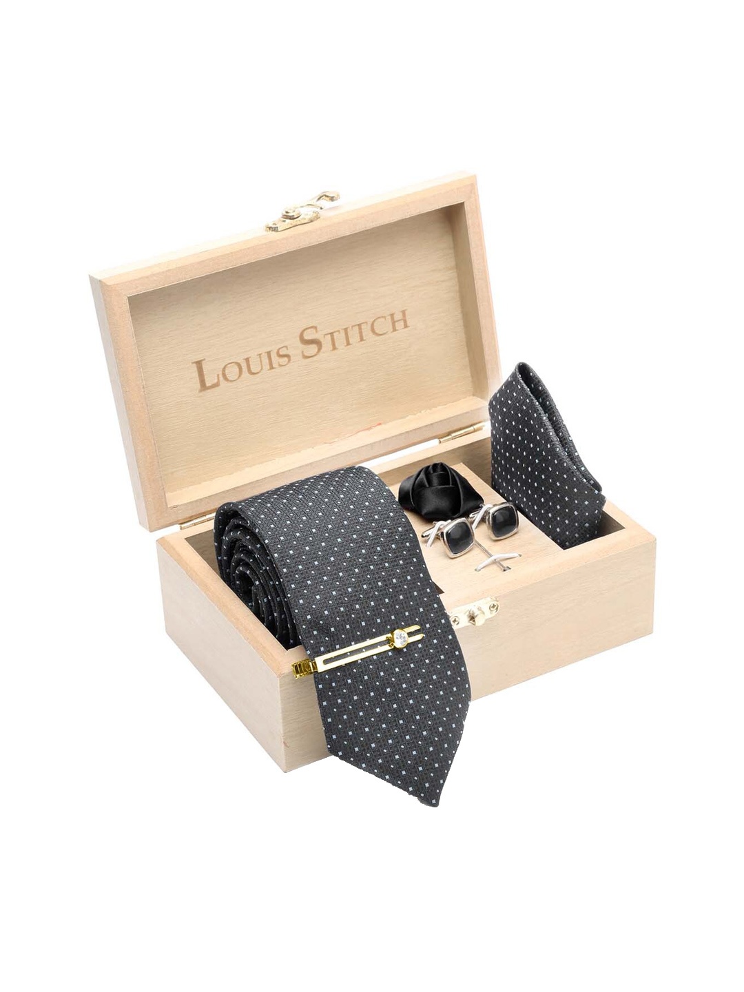 

LOUIS STITCH Men Polka Black Italian Silk Necktie Accessory Gift Set