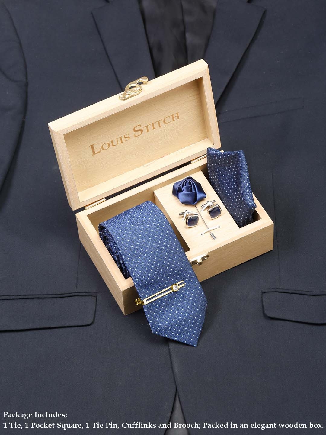 

LOUIS STITCH Men Silk Necktie Accessory Gift Set, Blue