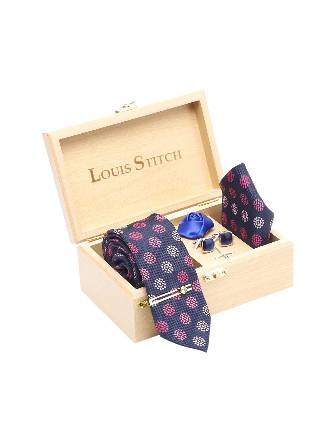 

LOUIS STITCH Men's Italian Silk Necktie Accessory Gift Set, Navy blue