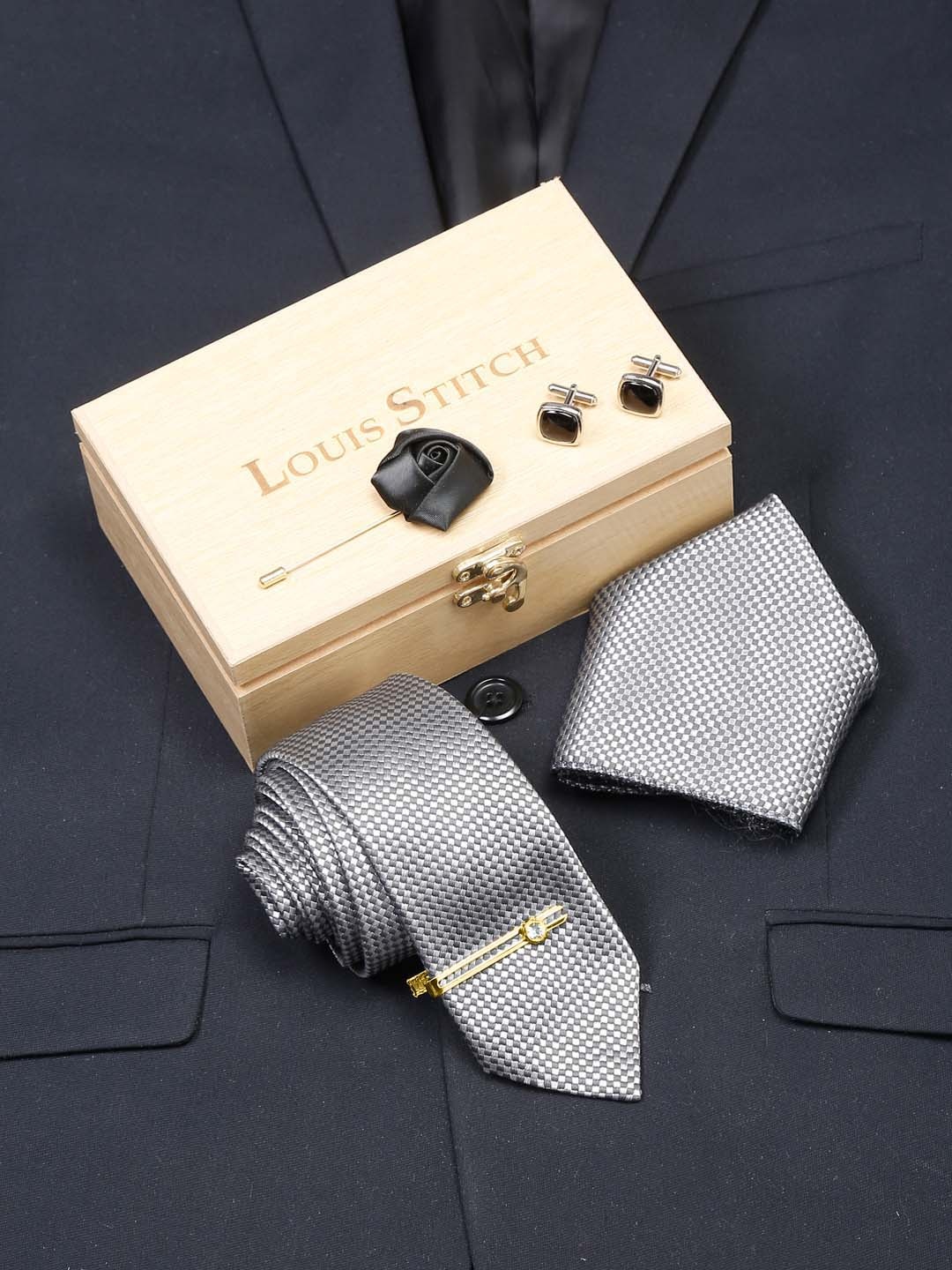 

LOUIS STITCH Men Ash Grey Italian Silk Necktie Accessory Gift Set