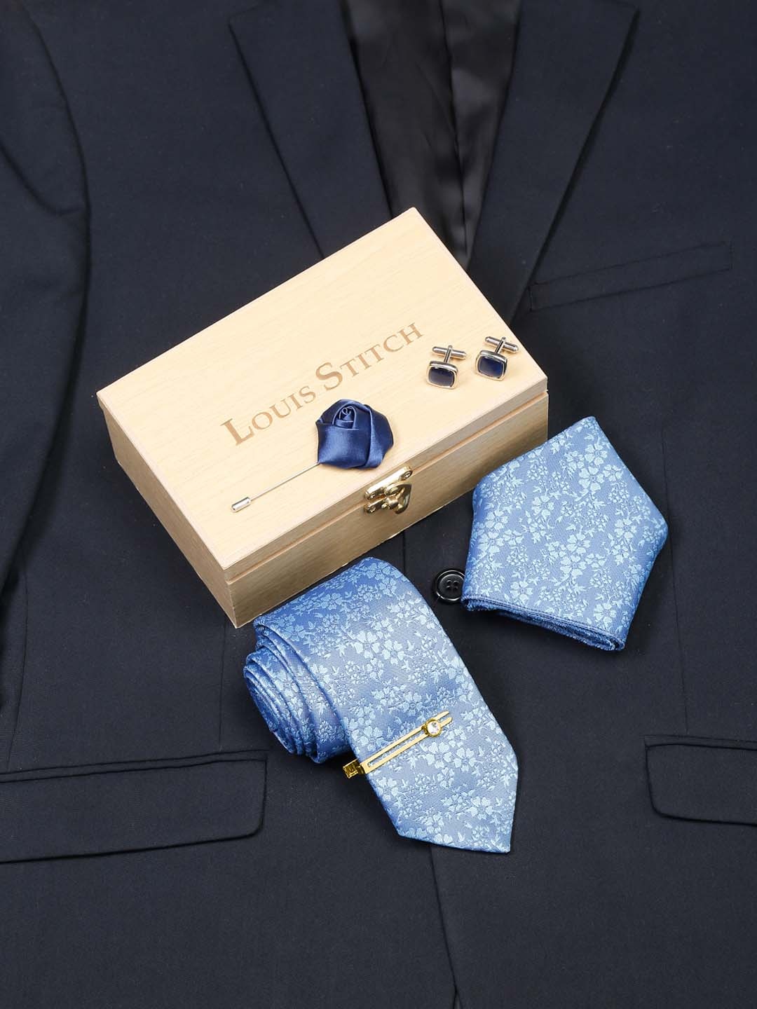 

LOUIS STITCH Men Italian Silk Necktie Accessory Gift Set, Blue
